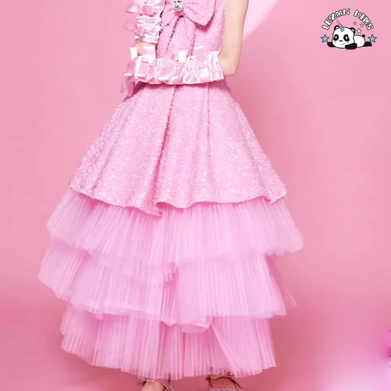 LEZONKIDS - Customized Retro Children Baby pink Girls Dress Light Luxury Style Bow Princess Dress with Jacket